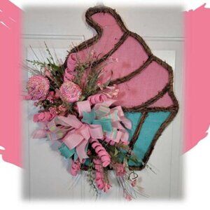 Cupcake Wreath, Pink Blue Birthday Cupcake Front Door Wreath, Hand Crafted